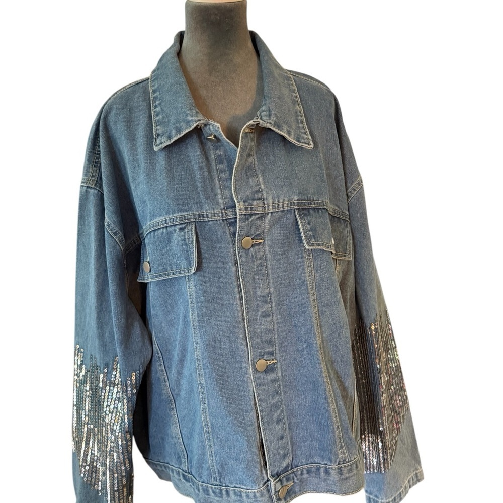 SHEIN Denim Jacket with Sparkling Silver Sleeves - Picture 11 of 13